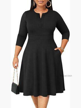 Plus Size Midi Dress with Pockets 3/4 Sleeve V Neck A-Line Cocktail Work